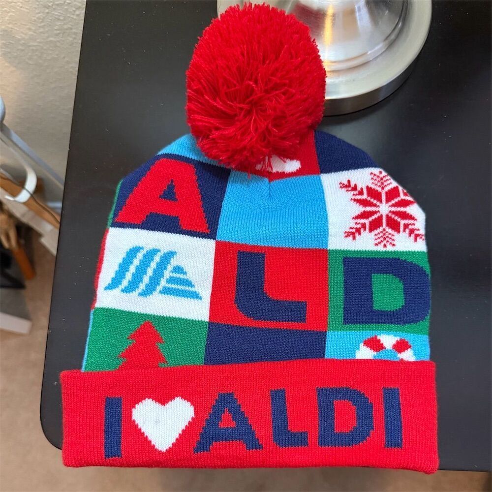 I ❤️ ALDI Holiday Knit Pom Beanie – Red Blue Patchwork OS